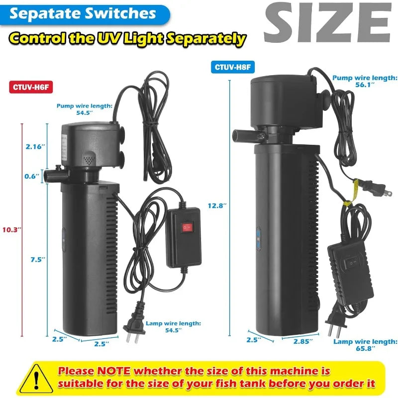 U-V Aquarium Filter for 20-75 Gallon Fish Tanks 200GPH Power