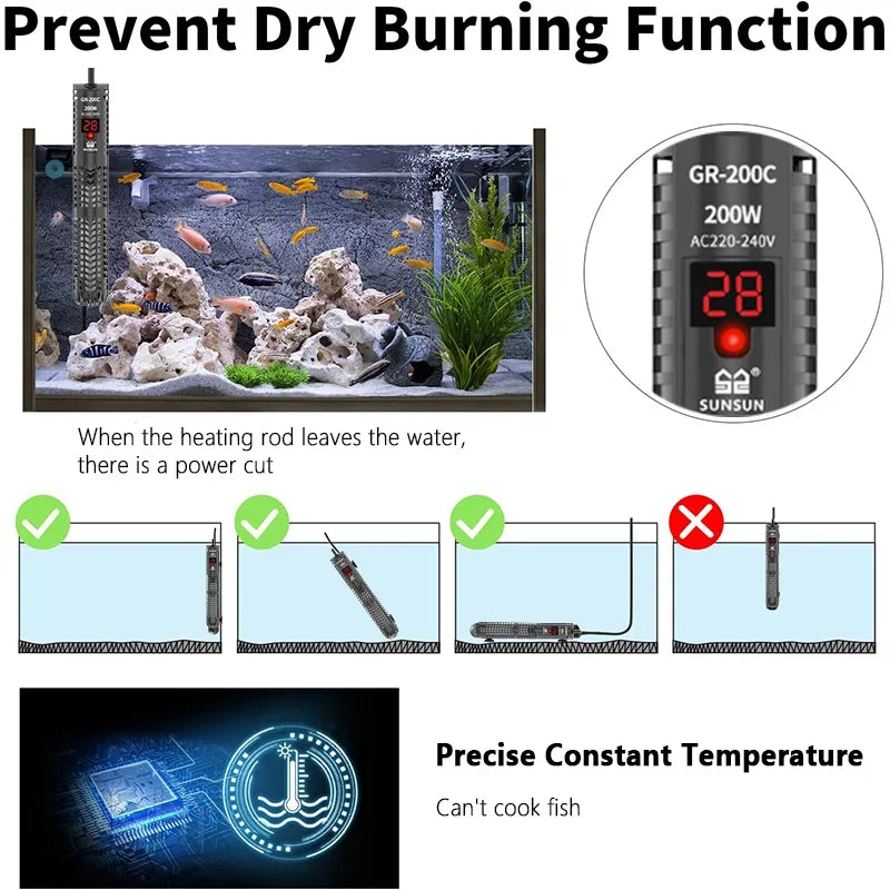 Digital Aquarium Heater Rod With Quartz Glass 16C To 32C