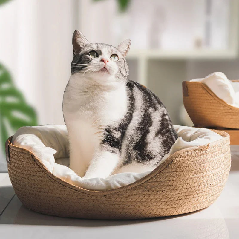 Cozy Bamboo Weaving Pet Bed for Dogs and Cats with Removable Cushion