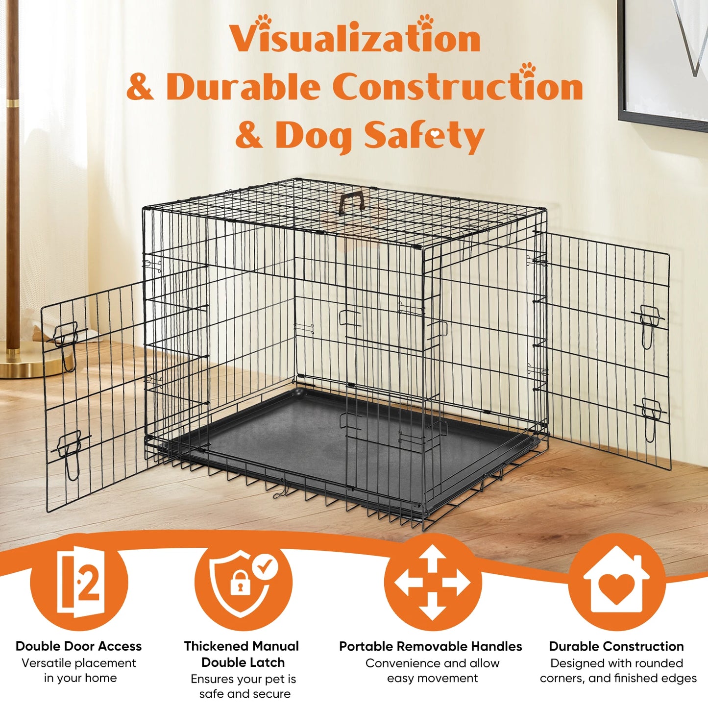 JHK Extra Large Double Door Folding Metal Dog Cage with Leak-Proof Tray