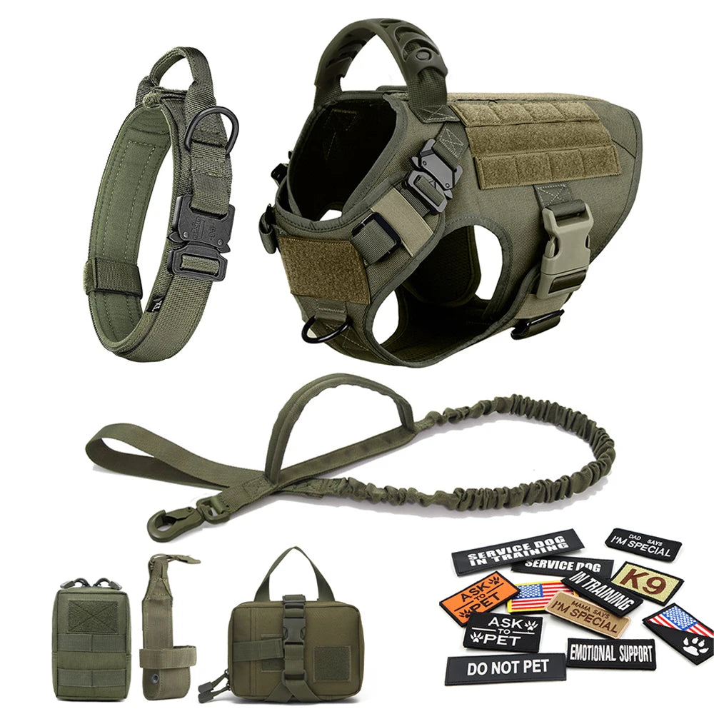 Military Dog Harness Set with Leash Bags Patches for Tactical Training