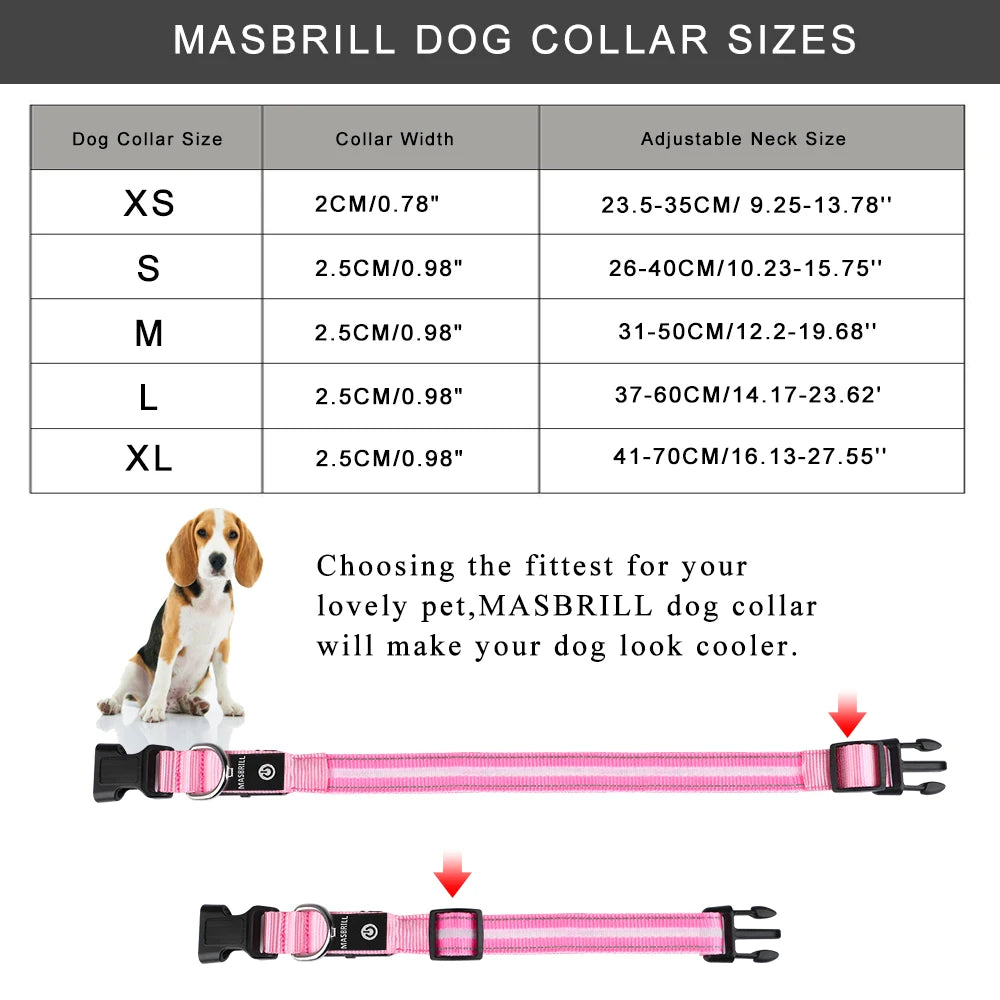 MASBRILL Waterproof LED Dog Collar USB Rechargeable Adjustable Night Safety