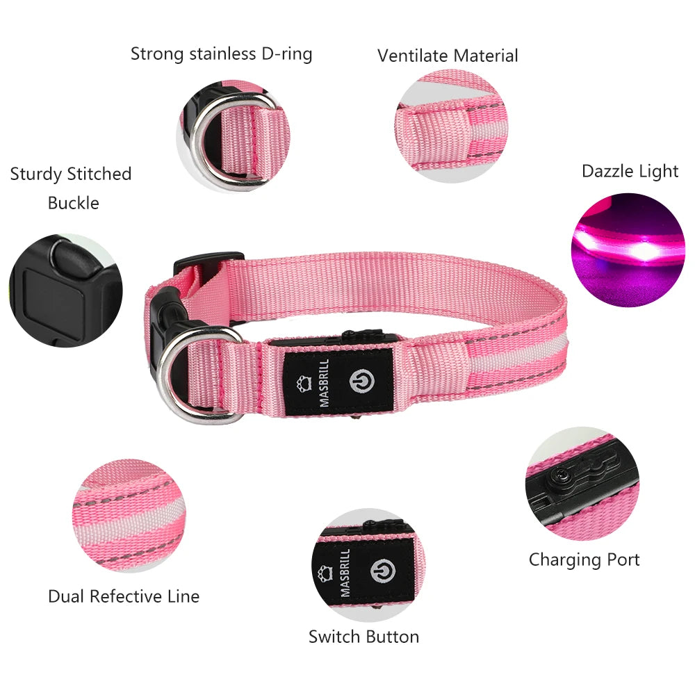 MASBRILL Waterproof LED Dog Collar USB Rechargeable Adjustable Night Safety
