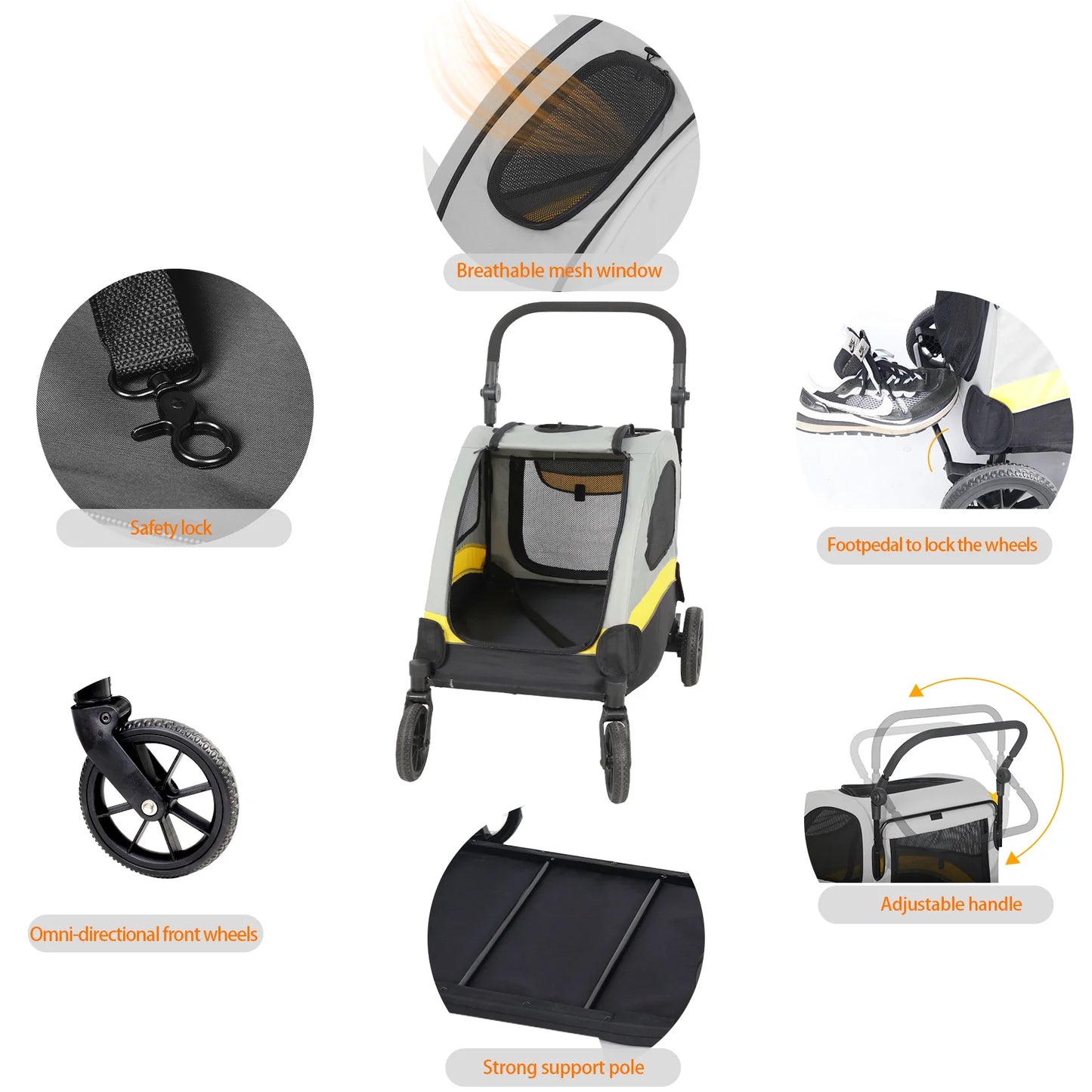 Portable Dog Stroller Foldable Pet Jogger Trolley with Mesh Windows and Adjustable Handle