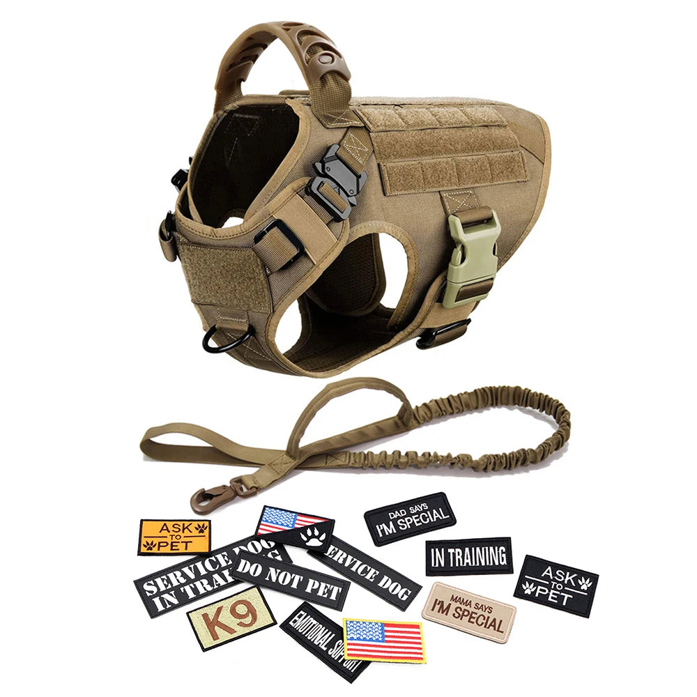Military Dog Harness Set with Leash Bags Patches for Tactical Training