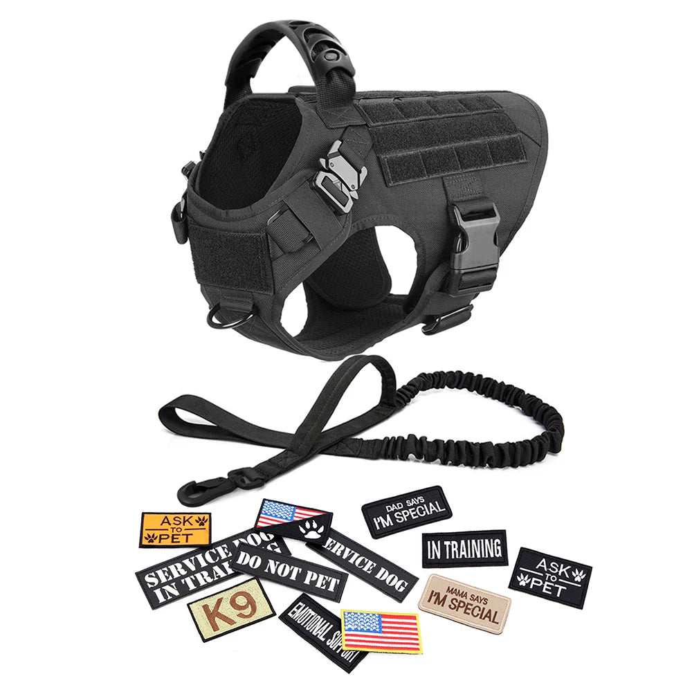 Military Dog Harness Set with Leash Bags Patches for Tactical Training