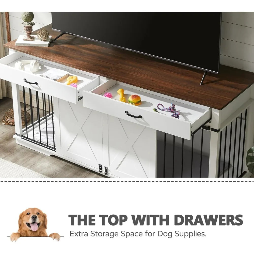72.5 Inch Double Dog Crate Furniture for Two Medium Dogs with Room Divider