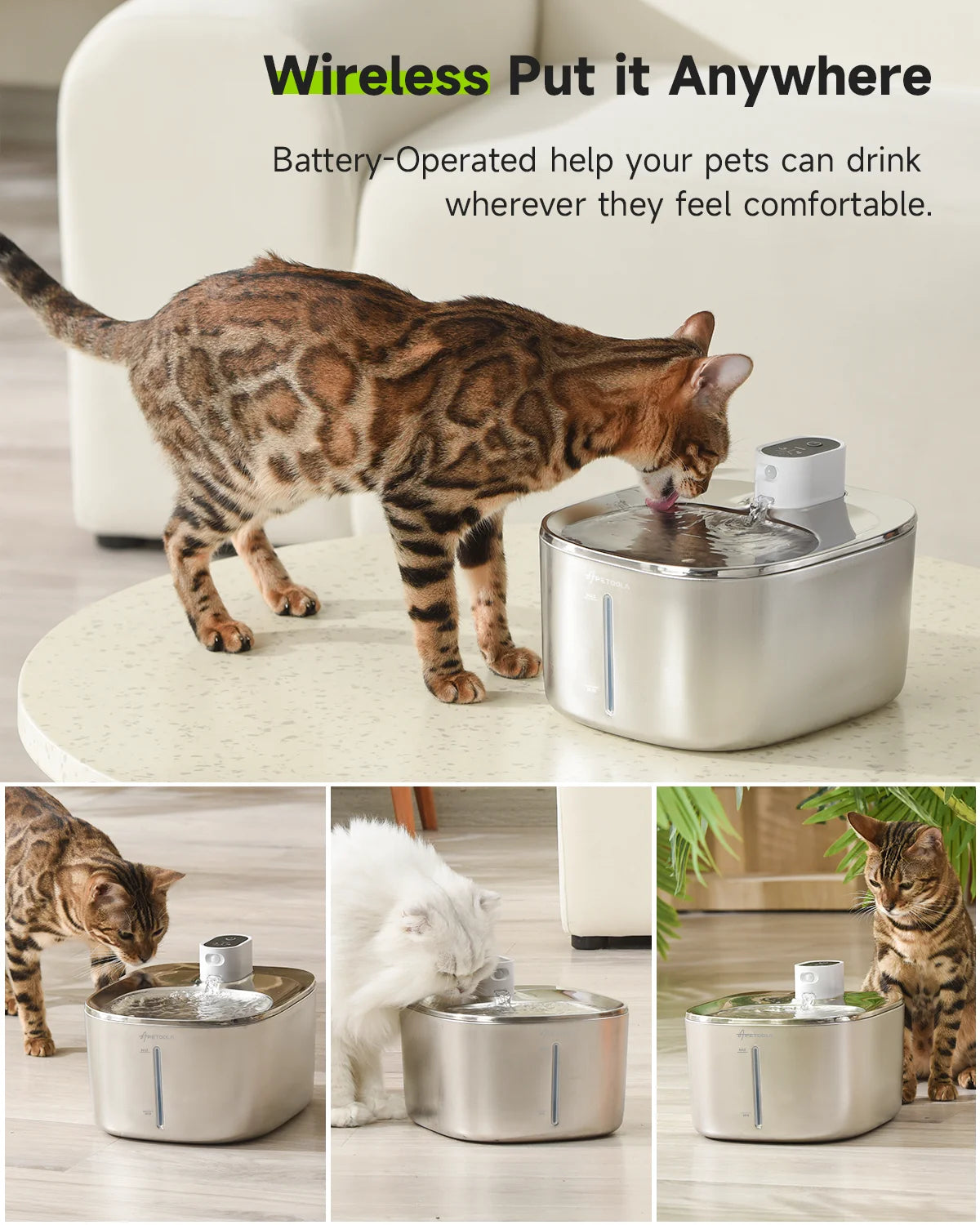 Apetdola 4L Wireless Cat Water Fountain Auto Sensor Dispenser for Pets