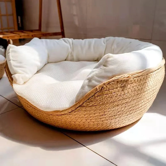 Cozy Bamboo Weaving Pet Bed for Dogs and Cats with Removable Cushion