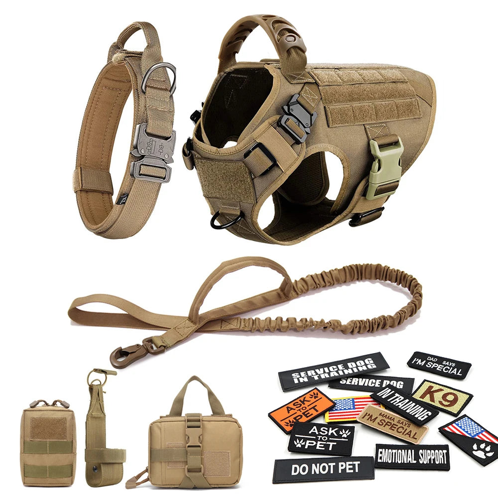 Military Dog Harness Set with Leash Bags Patches for Tactical Training