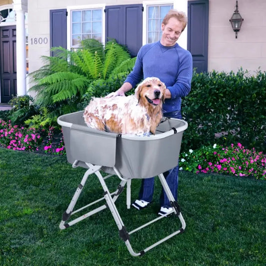 Elevated Foldable Dog Bath Tub Adjustable Grooming Station for Medium to Large Pets