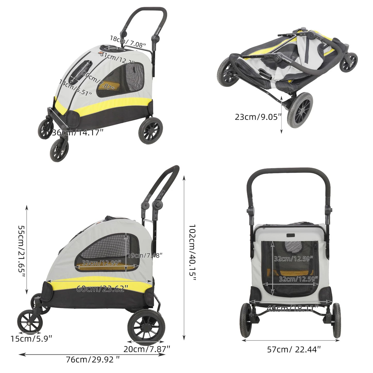 Portable Dog Stroller Foldable Pet Jogger Trolley with Mesh Windows and Adjustable Handle