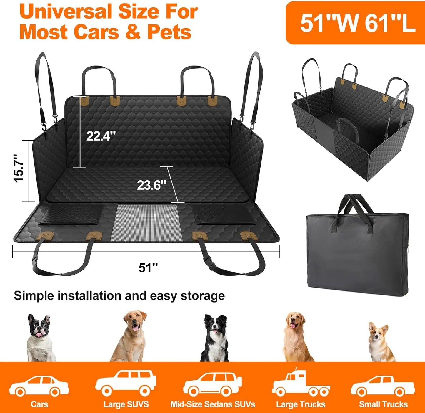 Waterproof Foldable Dog Car Seat Hammock Rear Seat Protector for Pet Travel