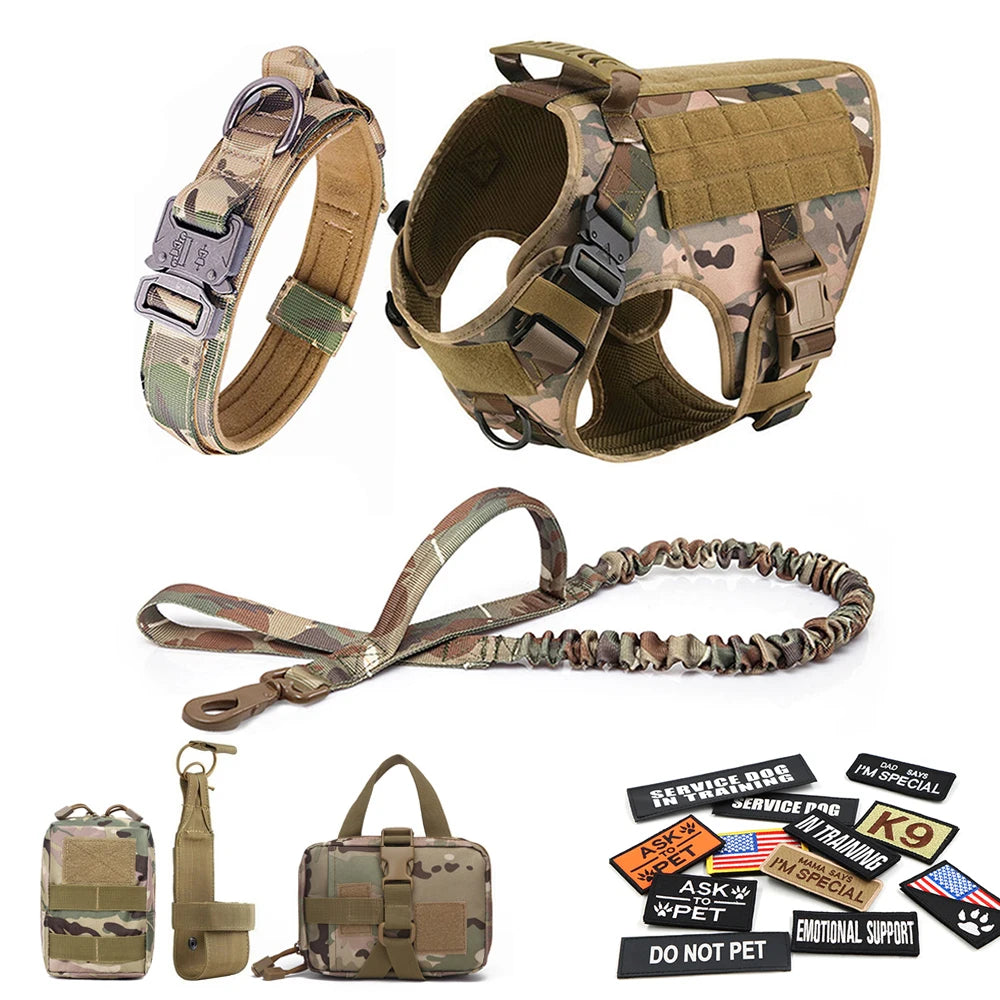 Military Dog Harness Set with Leash Bags Patches for Tactical Training
