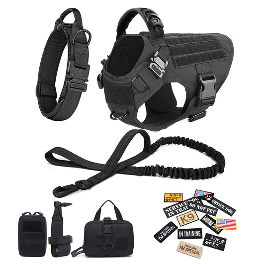Military Dog Harness Set with Leash Bags Patches for Tactical Training