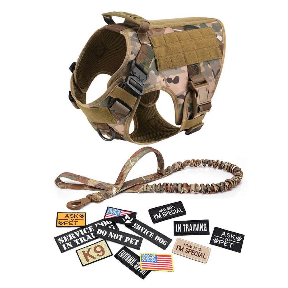 Military Dog Harness Set with Leash Bags Patches for Tactical Training