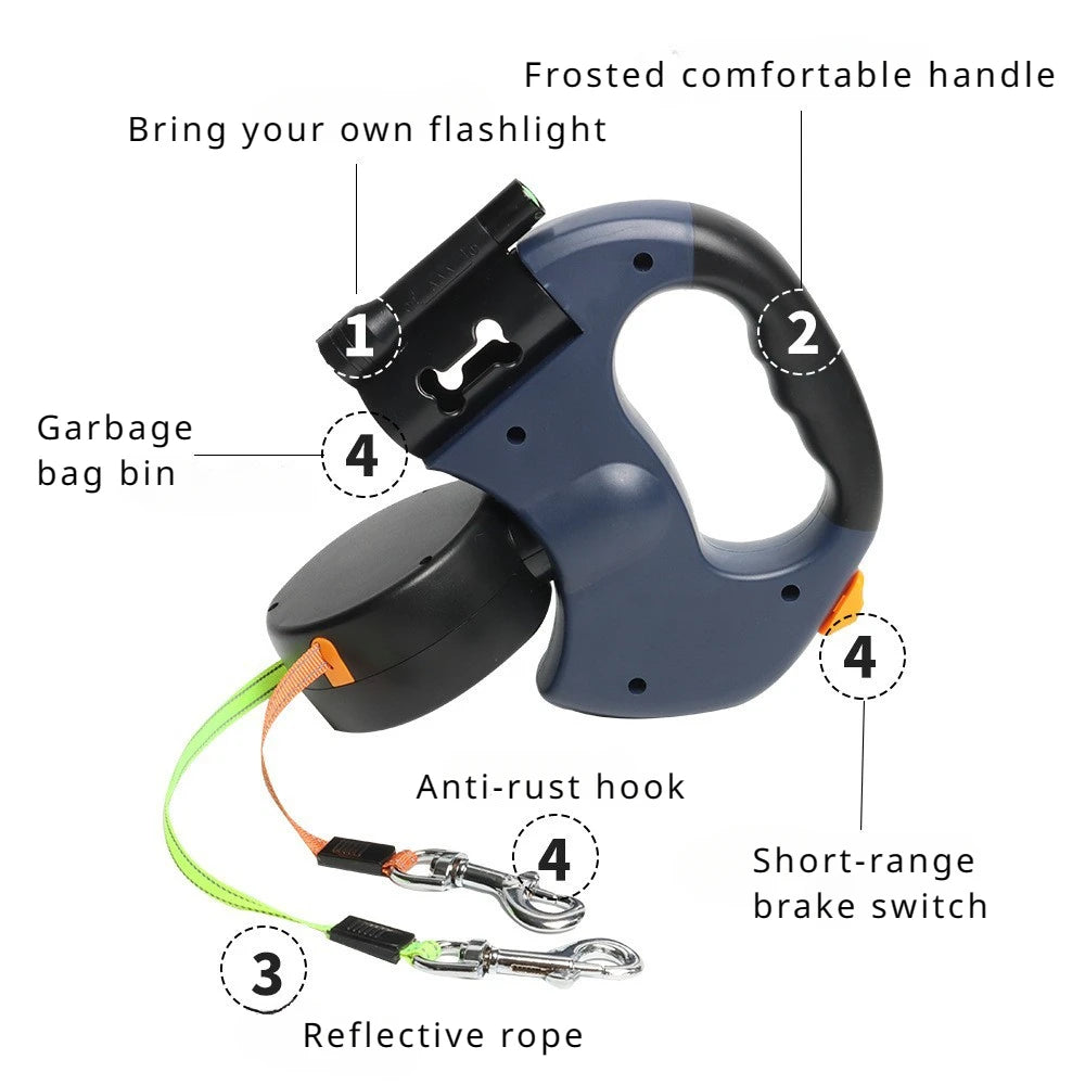 Automatic Retractable Two-End Pet Leash with Flashlight for Easy Dog Walking