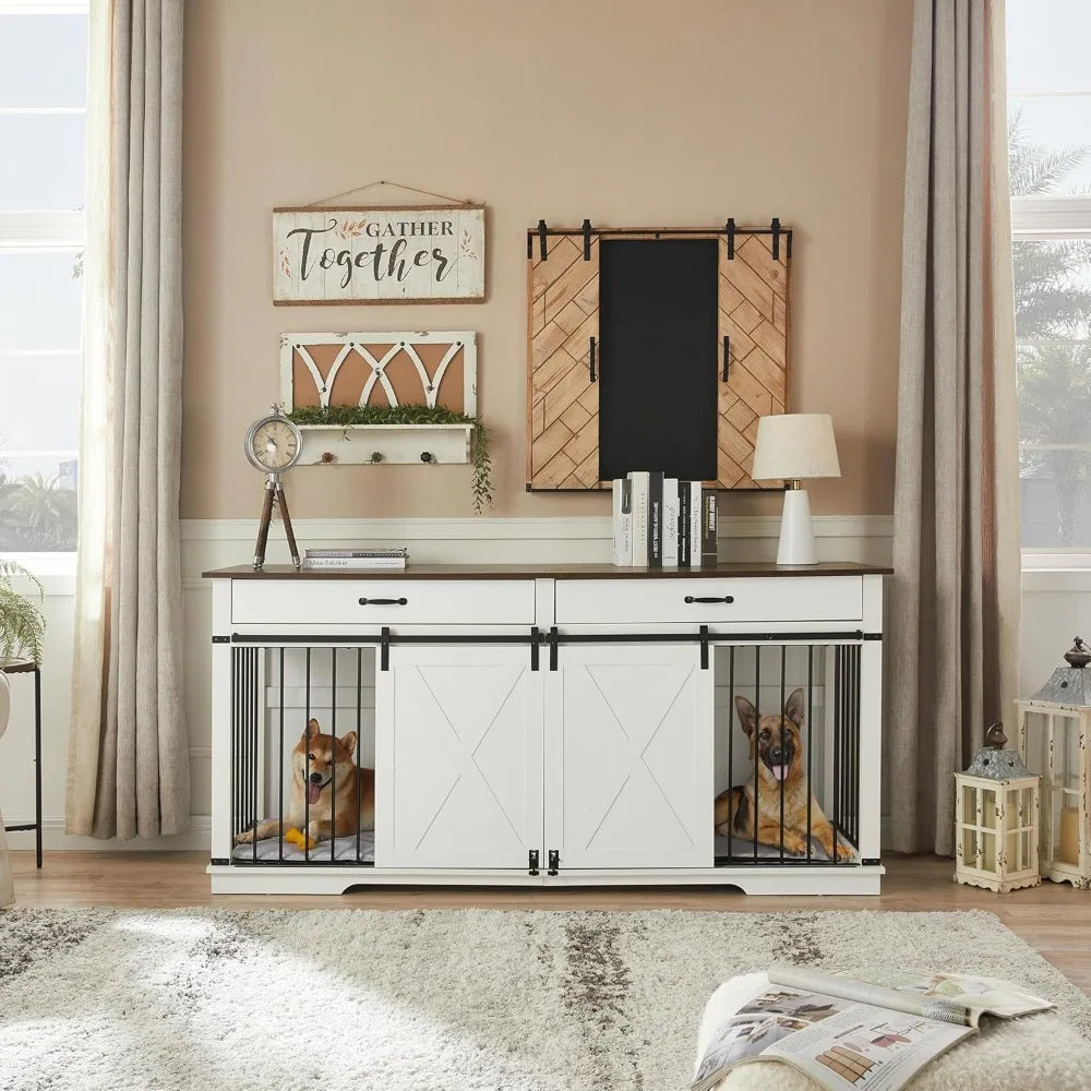 72.5 Inch Double Dog Crate Furniture for Two Medium Dogs with Room Divider