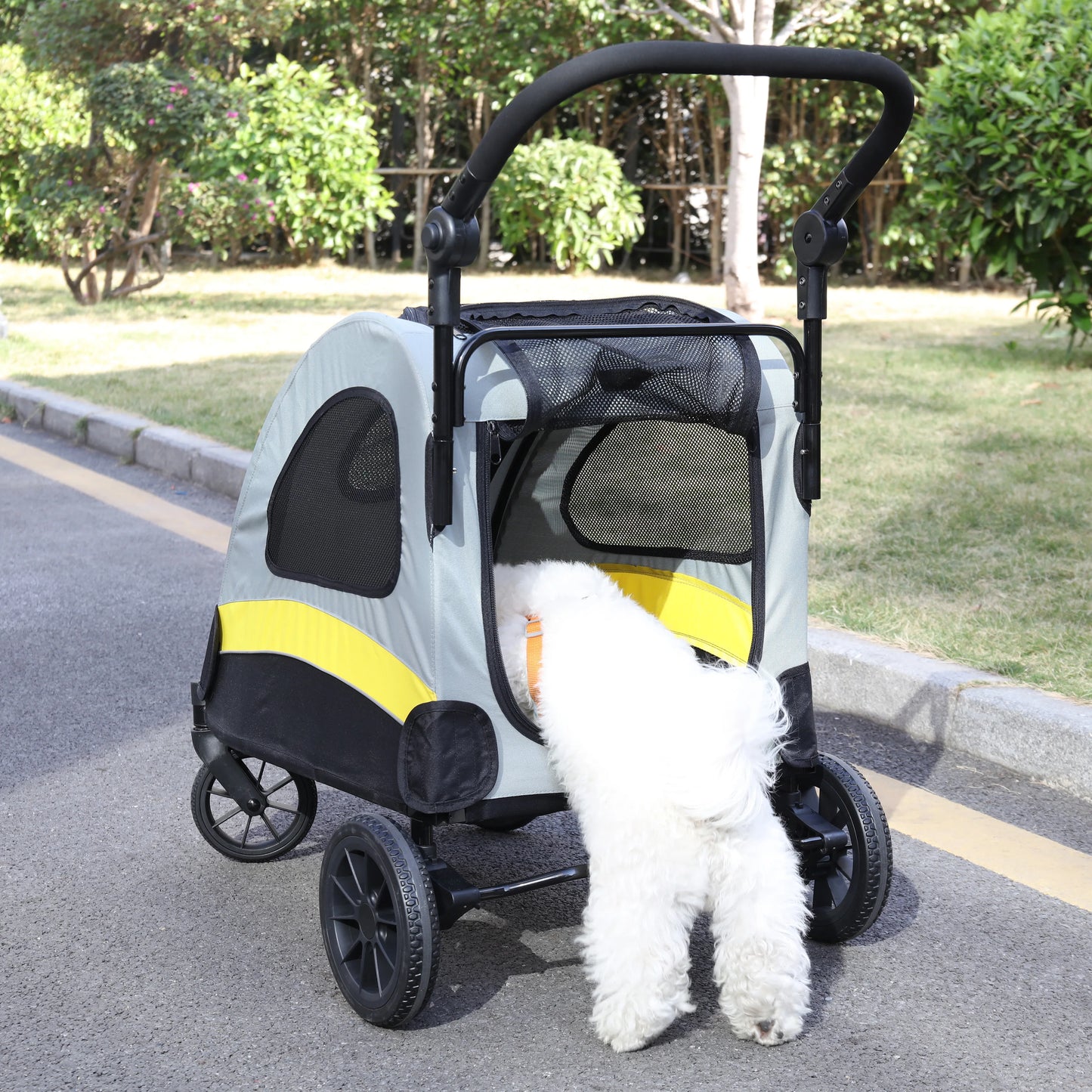 Portable Dog Stroller Foldable Pet Jogger Trolley with Mesh Windows and Adjustable Handle