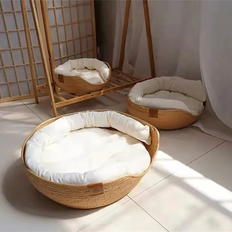 Cozy Bamboo Weaving Pet Bed for Dogs and Cats with Removable Cushion
