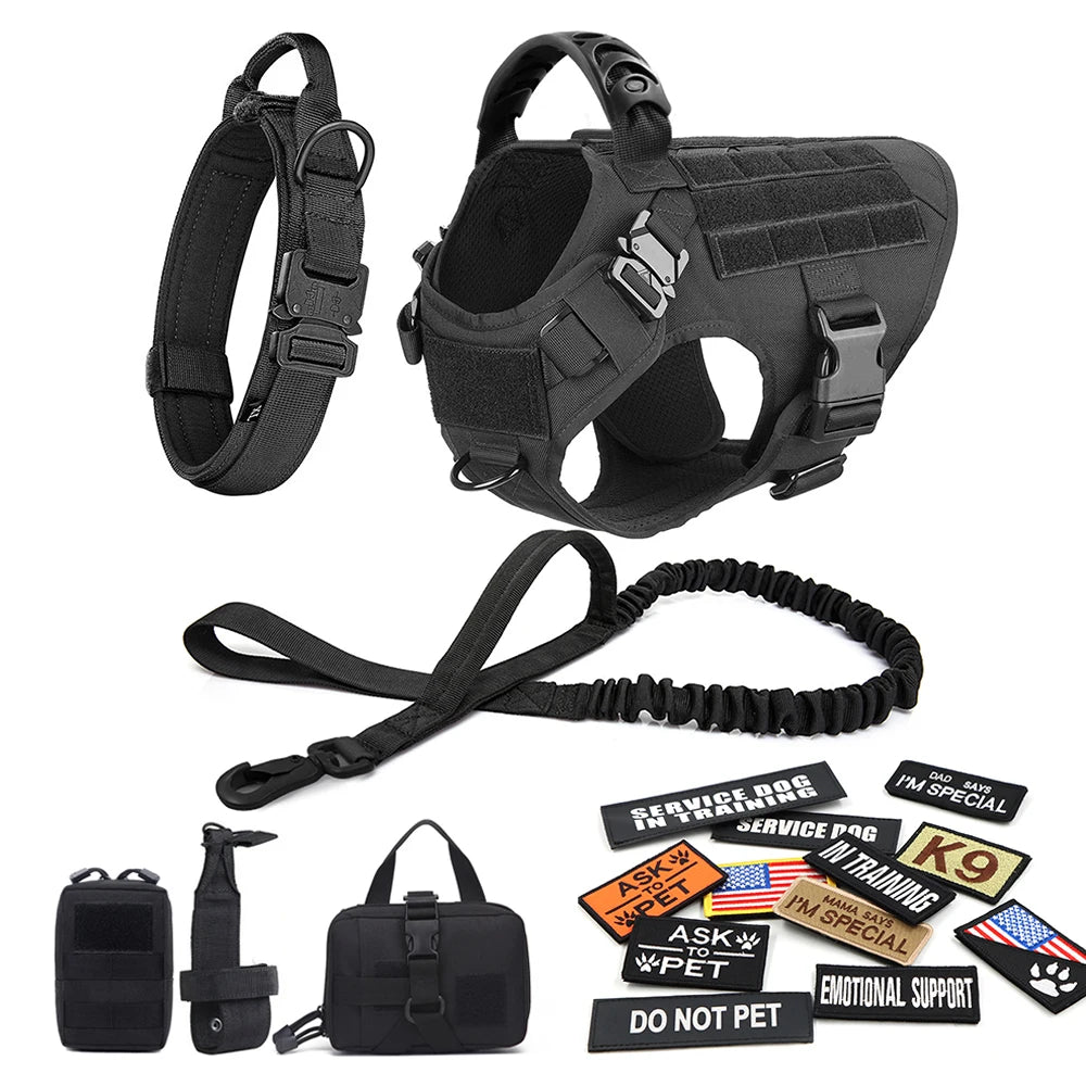 Military Dog Harness Set with Leash Bags Patches for Tactical Training