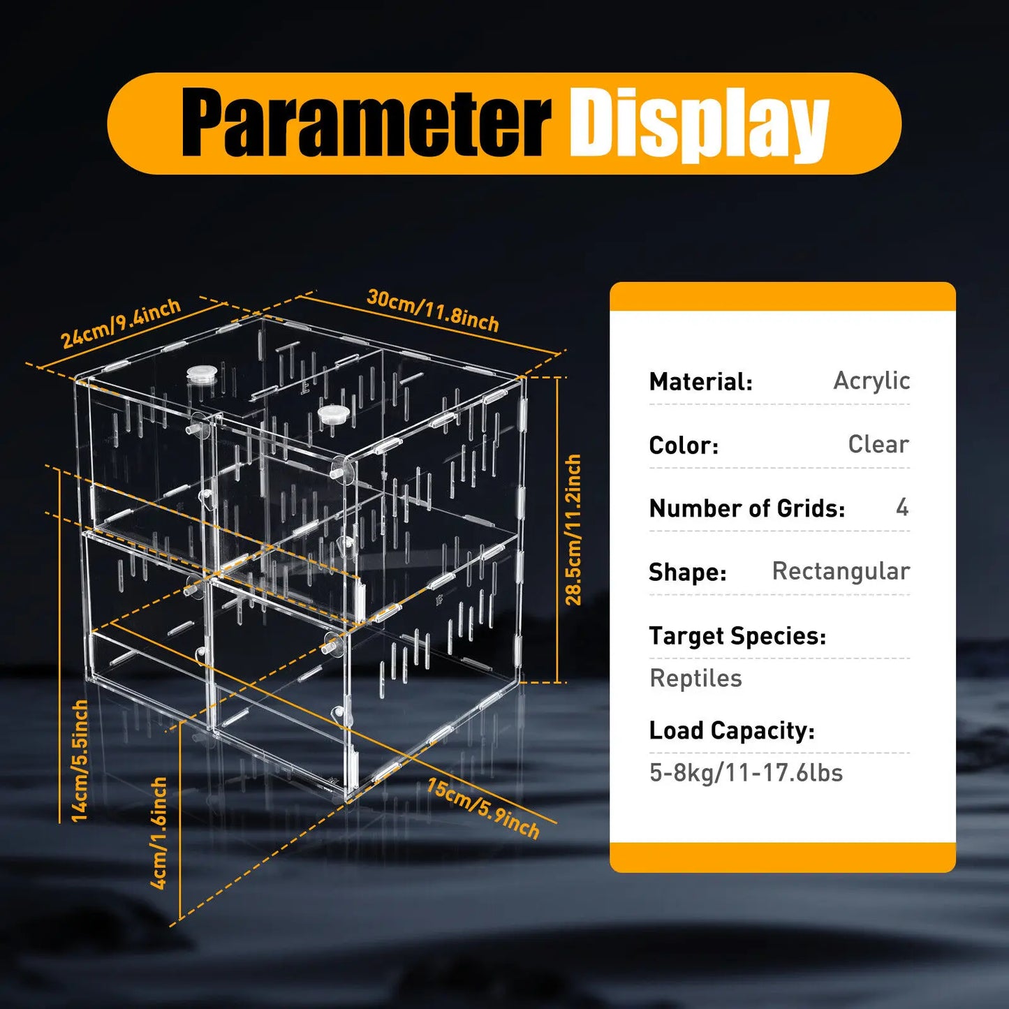 4 Grids Acrylic Reptile Cage Breeding Terrarium Clear Tank