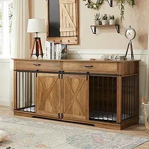 72.5 Inch Double Dog Crate Furniture for Two Medium Dogs with Room Divider