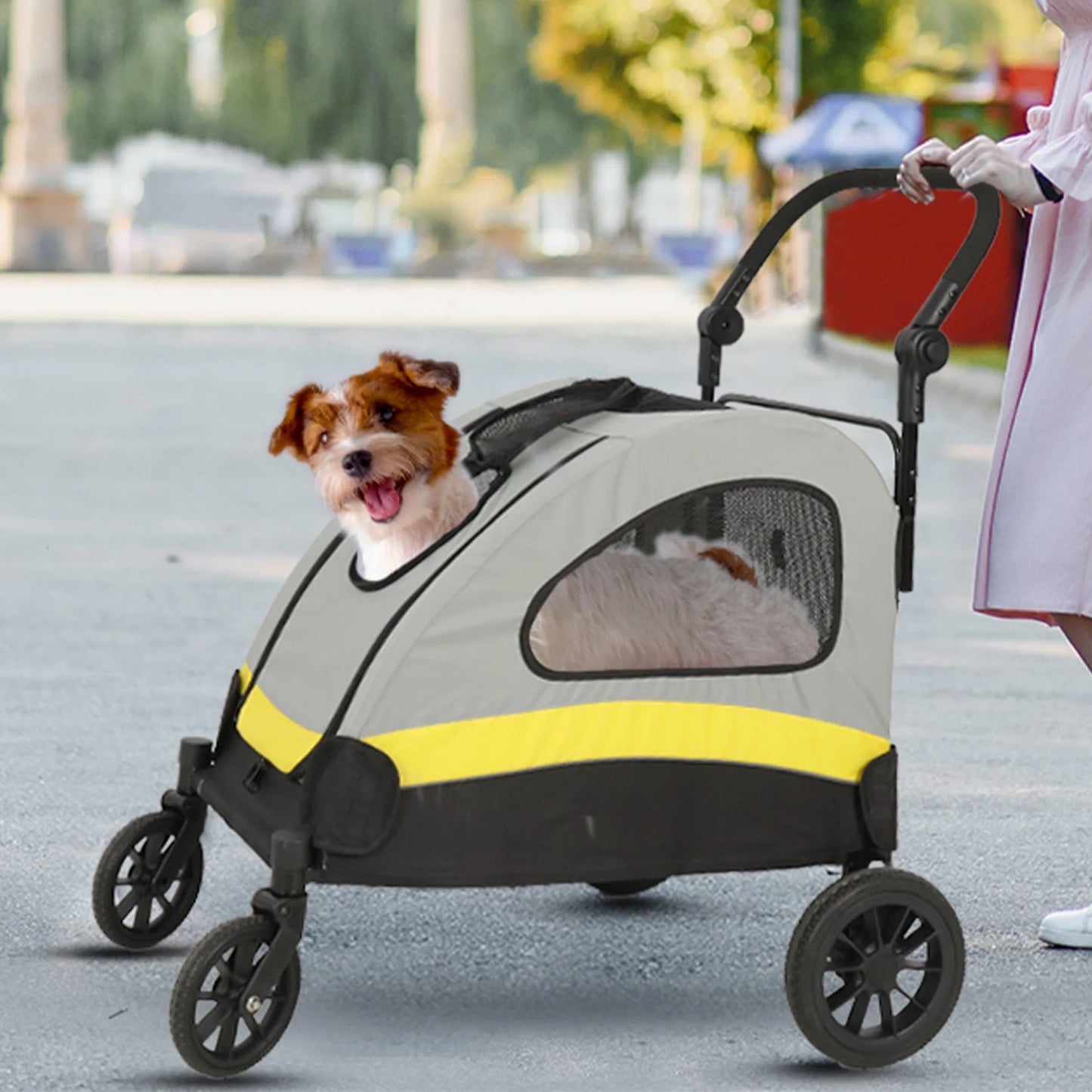 Portable Dog Stroller Foldable Pet Jogger Trolley with Mesh Windows and Adjustable Handle