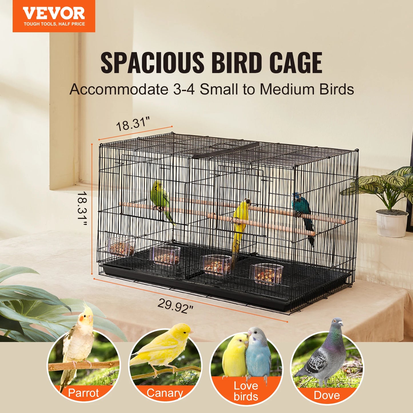 VEVOR 30 Inch Stackable Divided Bird Cage for Small Birds with Handle and Perches