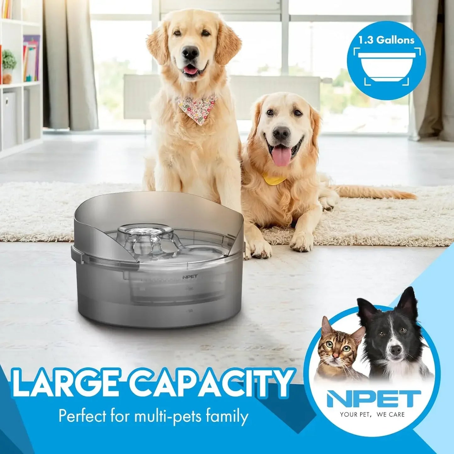 NPET DF10-SG Large Automatic Dog Water Fountain 1.3 Gallon with Splatter Guard