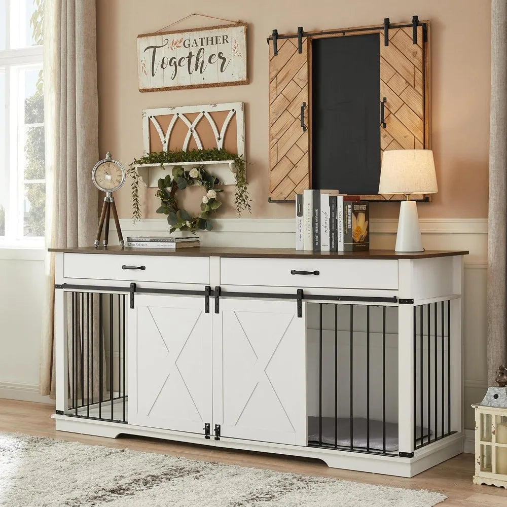 72.5 Inch Double Dog Crate Furniture for Two Medium Dogs with Room Divider