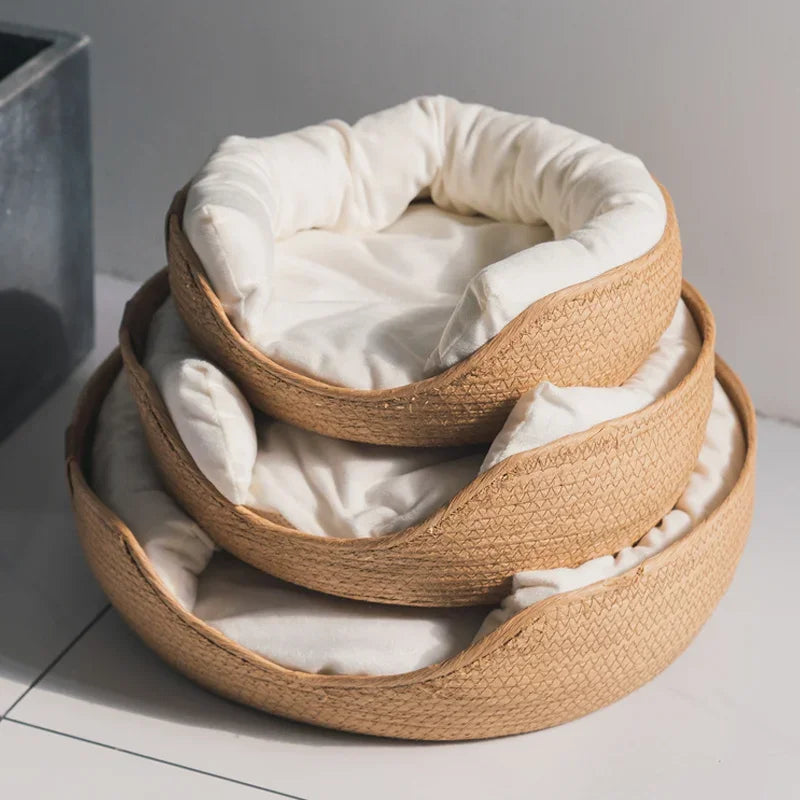 Cozy Bamboo Weaving Pet Bed for Dogs and Cats with Removable Cushion