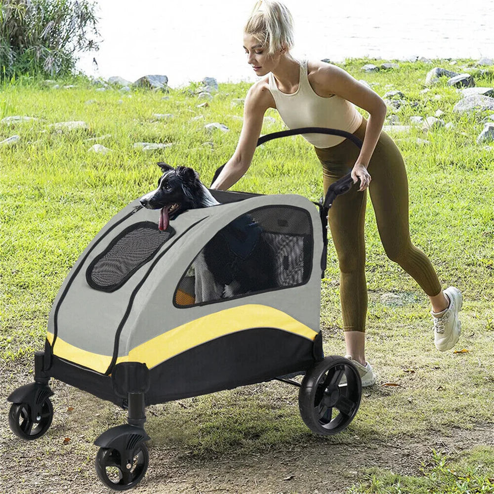Portable Dog Stroller Foldable Pet Jogger Trolley with Mesh Windows and Adjustable Handle