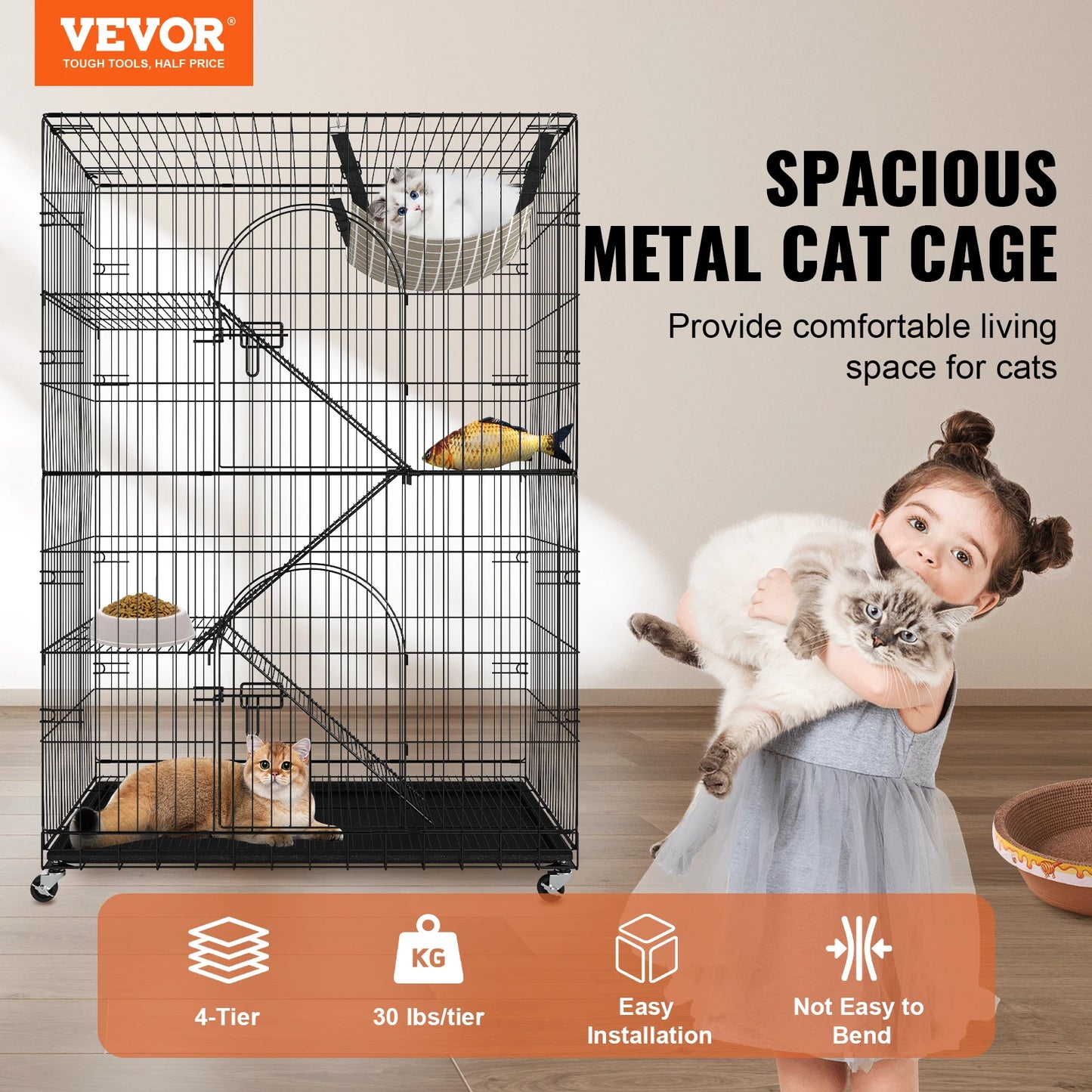 VEVOR 4 Tier Large Cat Playpen Indoor Metal Cage with Hammock and Ladders